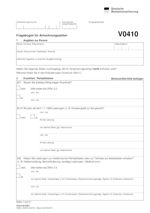 Fragebogen für Anrechnungszeiten (V0410)